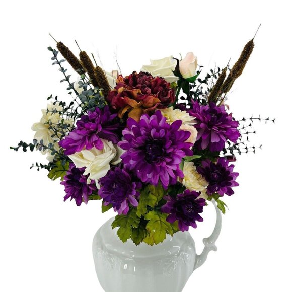 Artificial Flower Purple Pink Multi Bouquet Roses Mums Hydran Cattail Clematis - Picture 1 of 16
